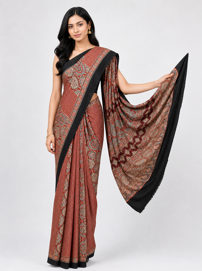 Ajrakh Modal Silk Natural Dye Hand Block Print Saree with Blouse Piece - 5.5 Mtr Length    -  SKU : ZD12801A