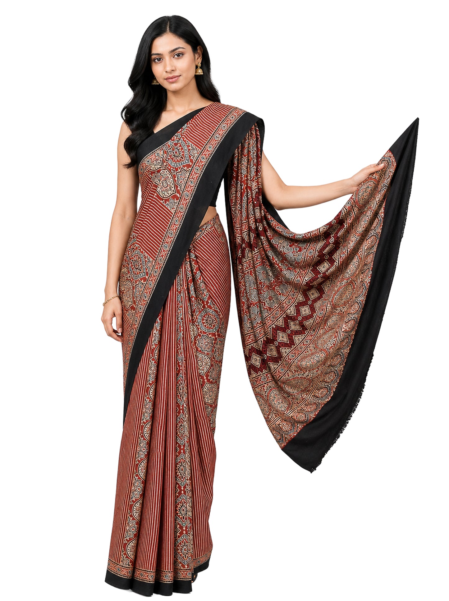 Ajrakh Modal Silk Natural Dye Hand Block Print Saree with Blouse Piece - 5.5 Mtr Length    -  SKU : ZD12801A