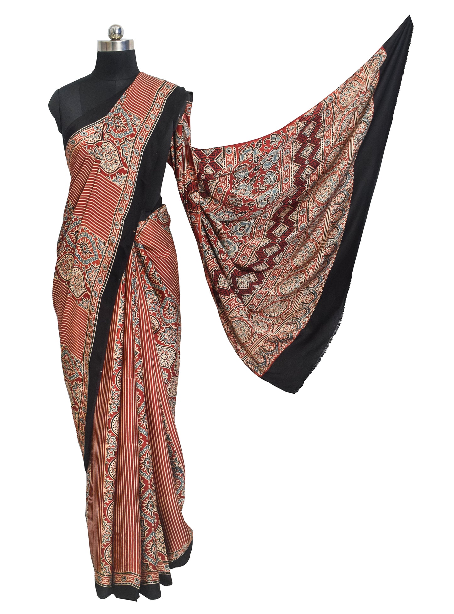 Ajrakh Modal Silk Natural Dye Hand Block Print Saree with Blouse Piece - 5.5 Mtr Length    -  SKU : ZD12801A