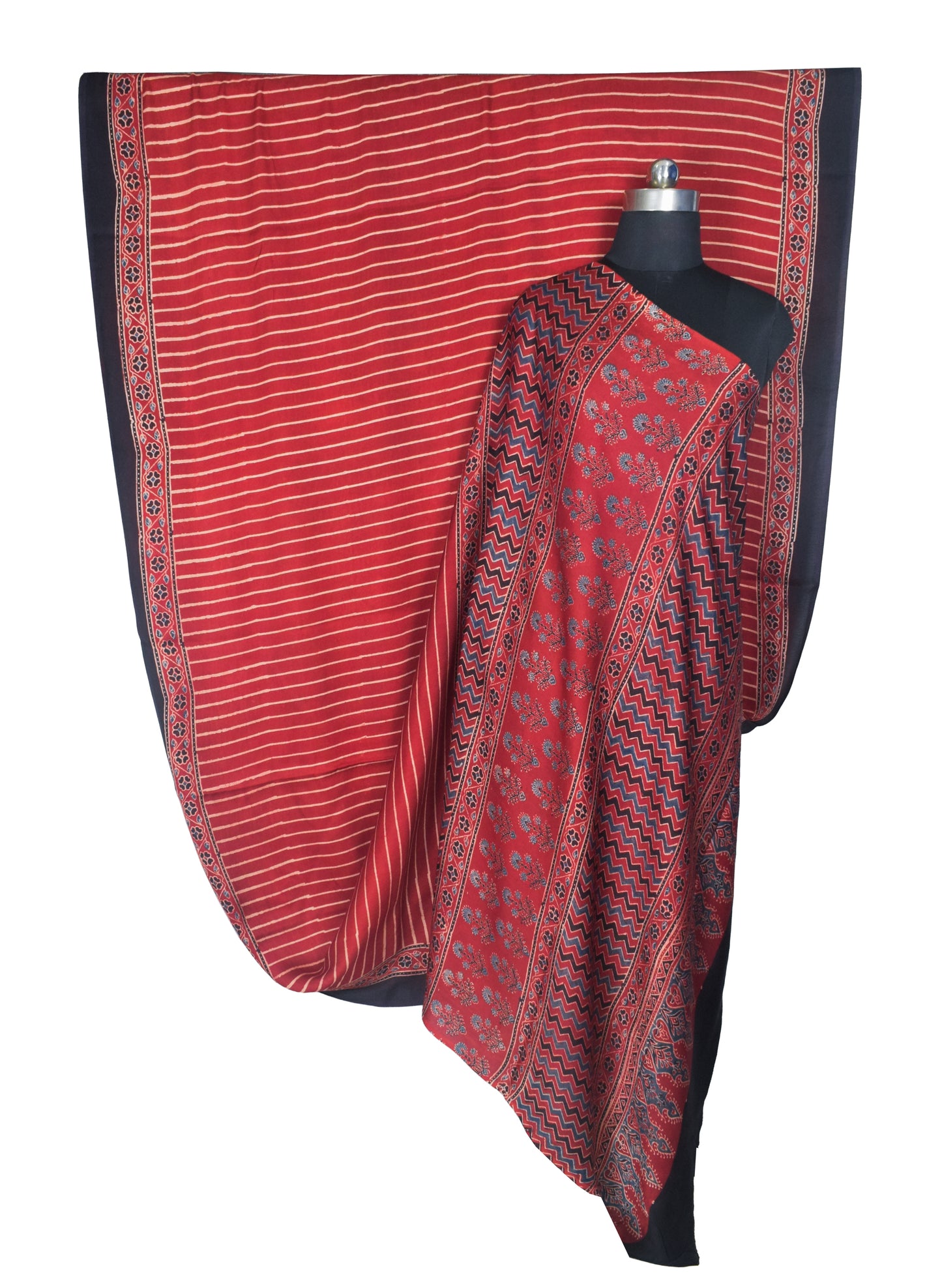 Ajrakh Modal Silk Natural Dye Hand Block Print Saree with Blouse Piece - 5.5 Mtr Length    -  SKU : ZD19201A