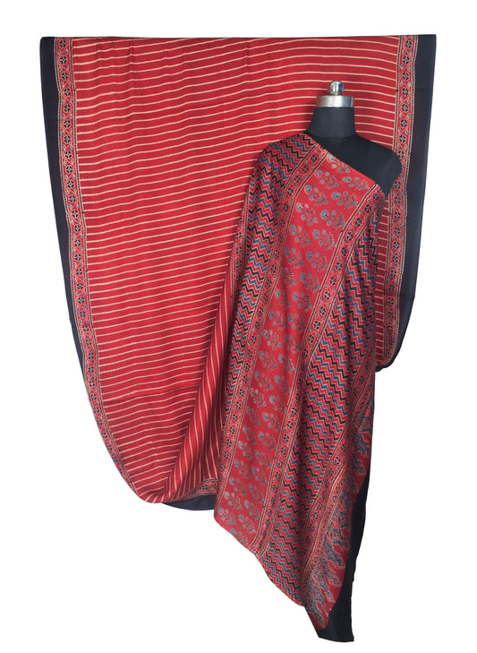 Ajrakh Modal Silk Natural Dye Hand Block Print Saree with Blouse Piece - 5.5 Mtr Length    -  SKU : ZD19201A