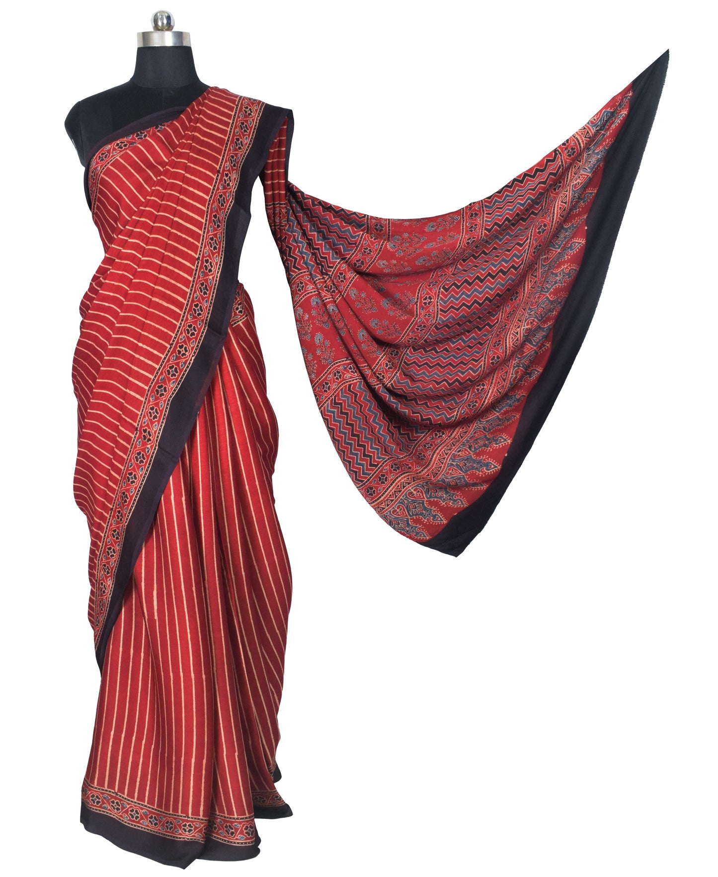 Ajrakh Modal Silk Natural Dye Hand Block Print Saree with Blouse Piece - 5.5 Mtr Length    -  SKU : ZD19201A