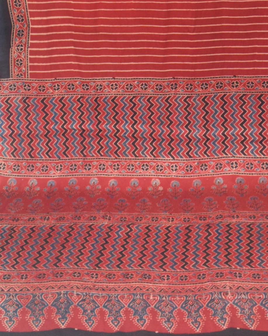 Ajrakh Modal Silk Natural Dye Hand Block Print Saree with Blouse Piece - 5.5 Mtr Length    -  SKU : ZD19201A