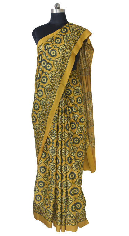 Ajrakh Modal Silk Natural Dye Hand Block Print Saree with Blouse Piece - 5.5 Mtr Length   -  SKU : AI18801E