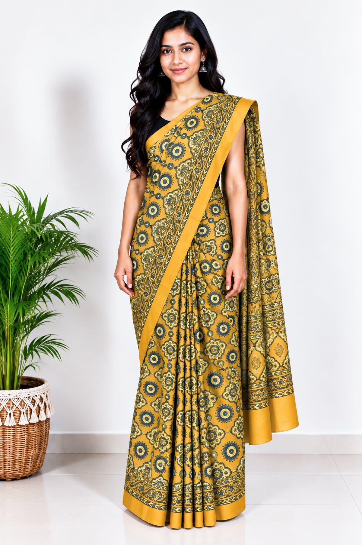Ajrakh Modal Silk Natural Dye Hand Block Print Saree with Blouse Piece - 5.5 Mtr Length   -  SKU : AI18801E