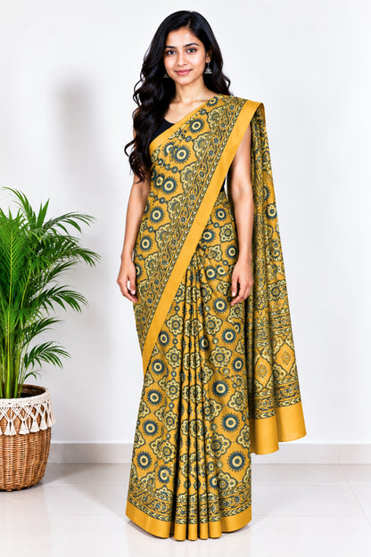 Ajrakh Modal Silk Natural Dye Hand Block Print Saree with Blouse Piece - 5.5 Mtr Length   -  SKU : AI18801E