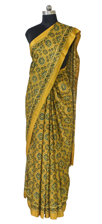 Ajrakh Modal Silk Natural Dye Hand Block Print Saree with Blouse Piece - 5.5 Mtr Length   -  SKU : AI18801J
