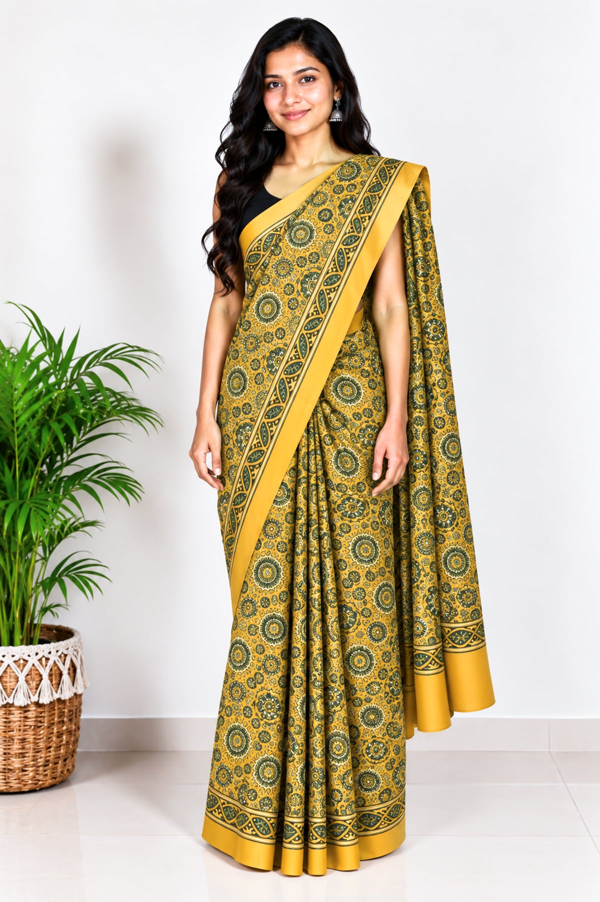 Ajrakh Modal Silk Natural Dye Hand Block Print Saree with Blouse Piece - 5.5 Mtr Length   -  SKU : AI18801J