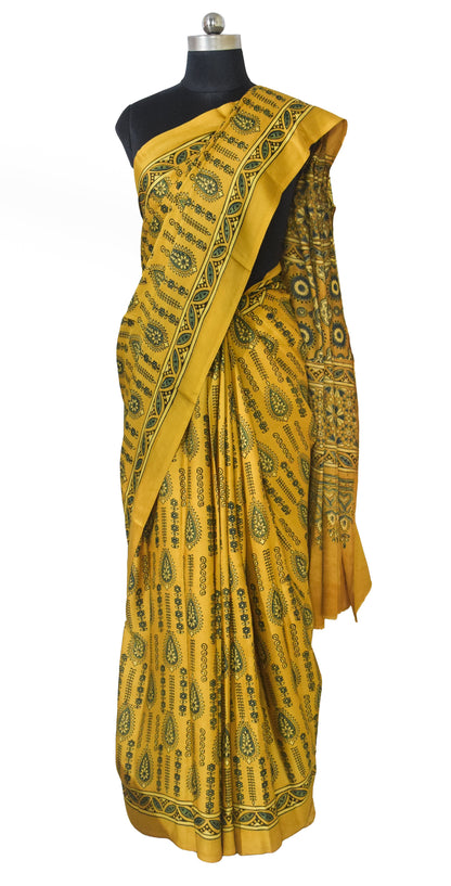 Ajrakh Modal Silk Natural Dye Hand Block Print Saree with Blouse Piece - 5.5 Mtr Length   -  SKU : AI18801O