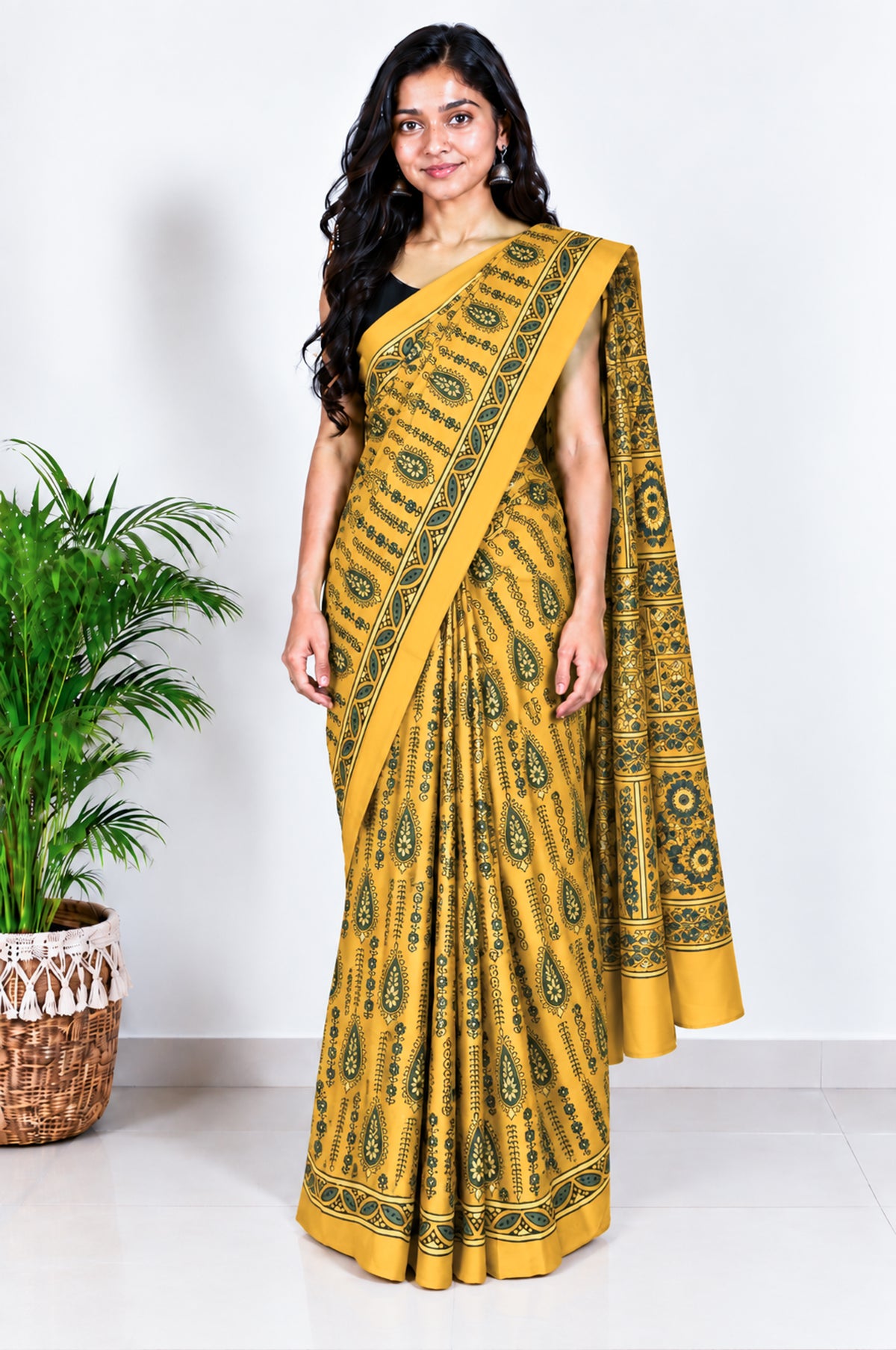 Ajrakh Modal Silk Natural Dye Hand Block Print Saree with Blouse Piece - 5.5 Mtr Length   -  SKU : AI18801O