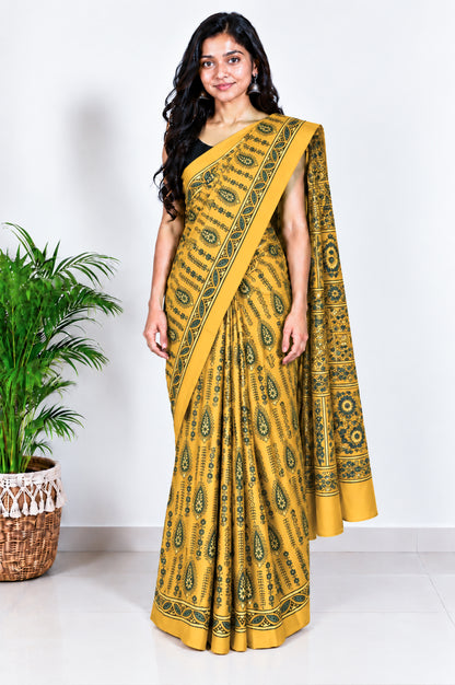 Ajrakh Modal Silk Natural Dye Hand Block Print Saree with Blouse Piece - 5.5 Mtr Length   -  SKU : AI18801O