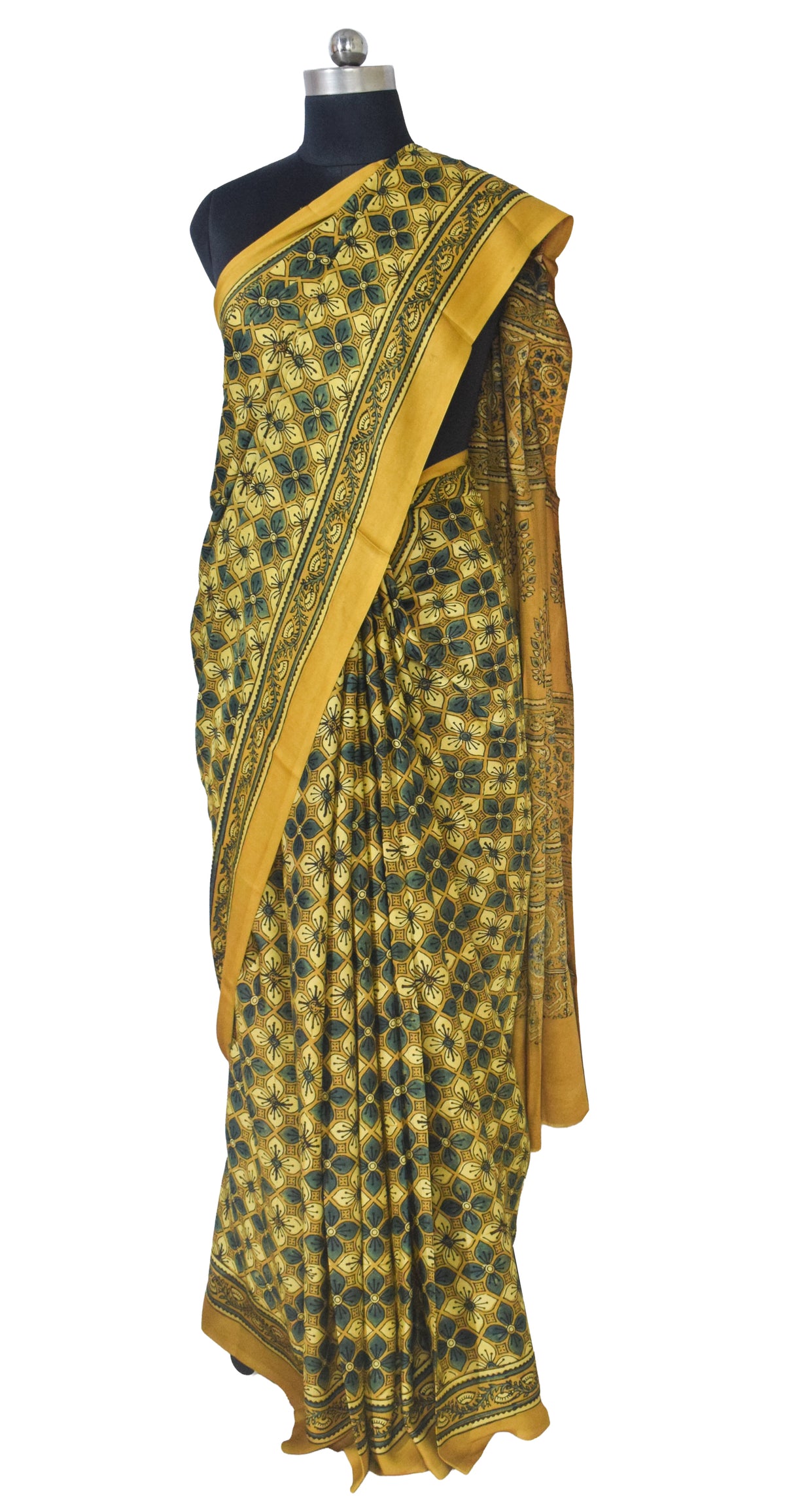Ajrakh Modal Silk Natural Dye Hand Block Print Saree with Blouse Piece - 5.5 Mtr Length   -  SKU : AI18801T