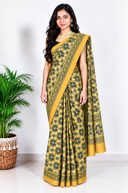 Ajrakh Modal Silk Natural Dye Hand Block Print Saree with Blouse Piece - 5.5 Mtr Length   -  SKU : AI18801T