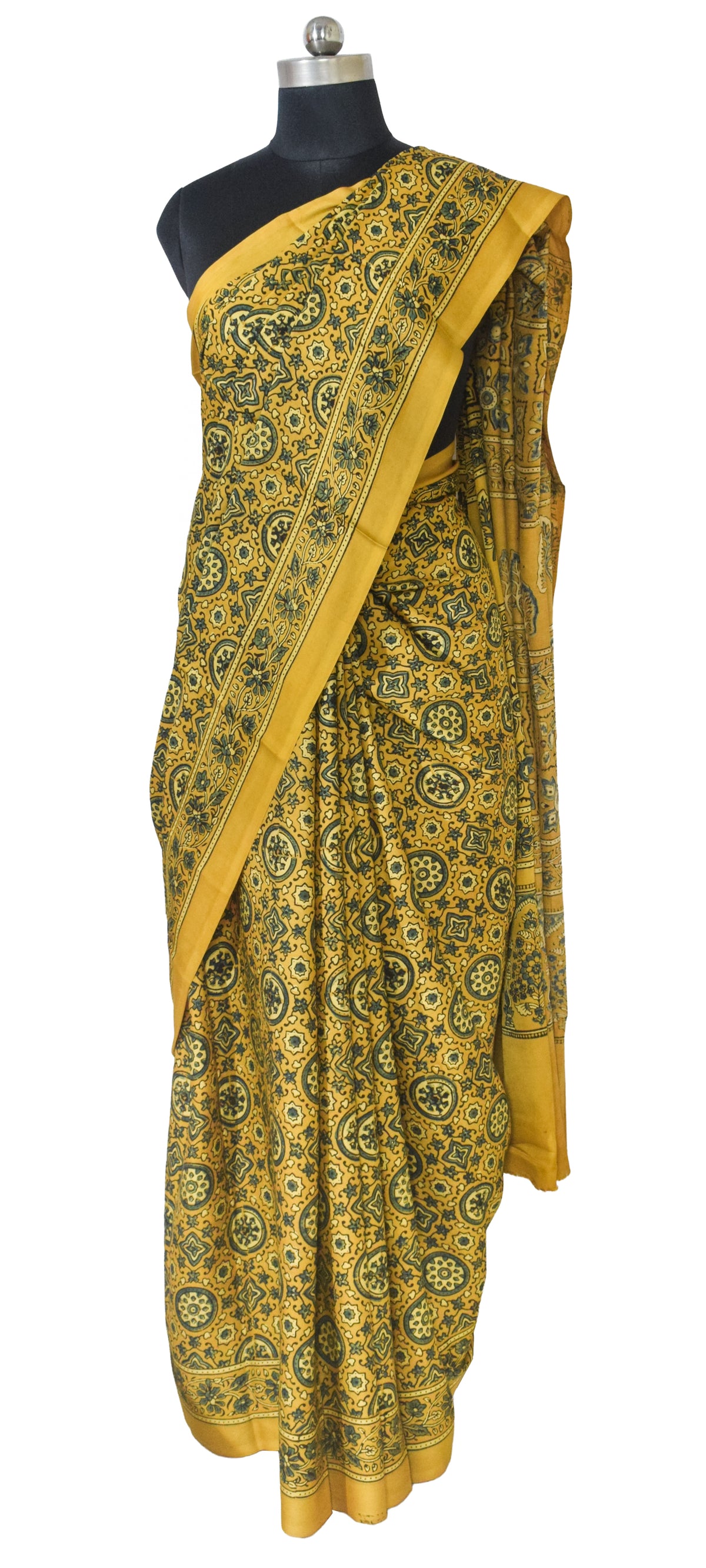 Ajrakh Modal Silk Natural Dye Hand Block Print Saree with Blouse Piece - 5.5 Mtr Length   -  SKU : AI18801Y