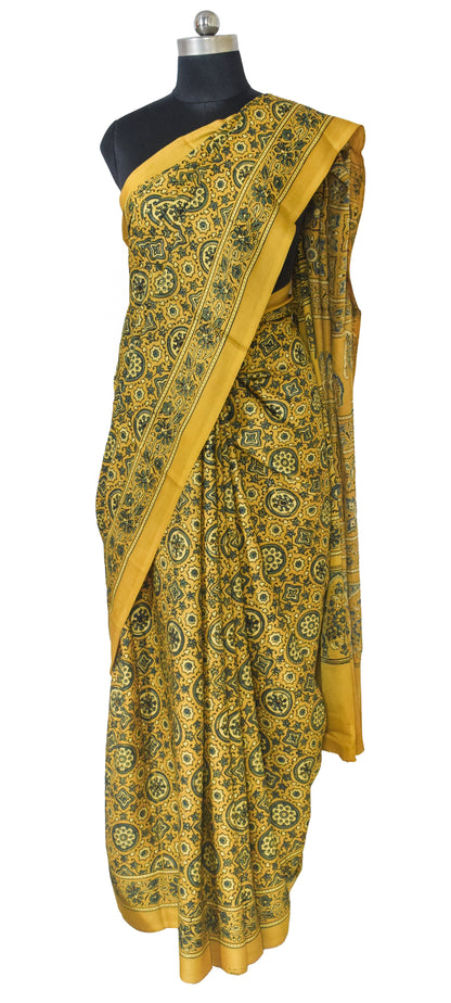 Ajrakh Modal Silk Natural Dye Hand Block Print Saree with Blouse Piece - 5.5 Mtr Length   -  SKU : AI18801Y