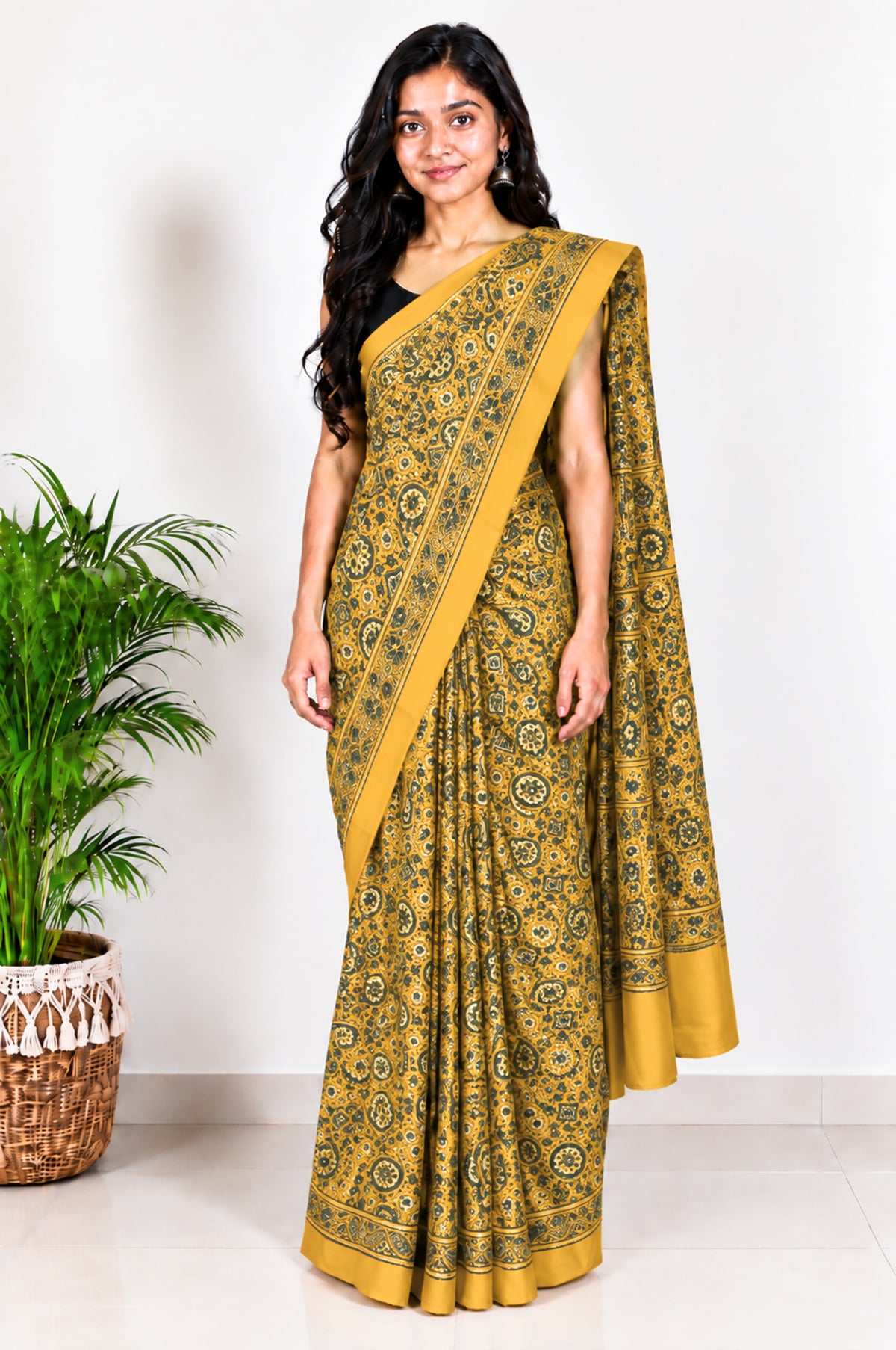 Ajrakh Modal Silk Natural Dye Hand Block Print Saree with Blouse Piece - 5.5 Mtr Length   -  SKU : AI18801Y