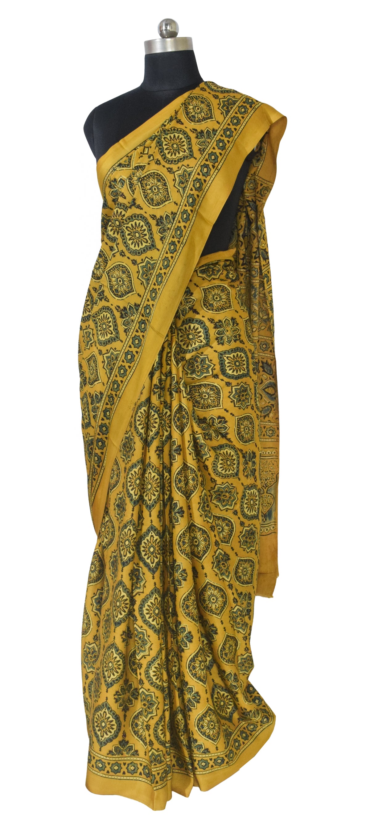 Ajrakh Modal Silk Natural Dye Hand Block Print Saree with Blouse Piece - 5.5 Mtr Length   -  SKU : AI1880AD