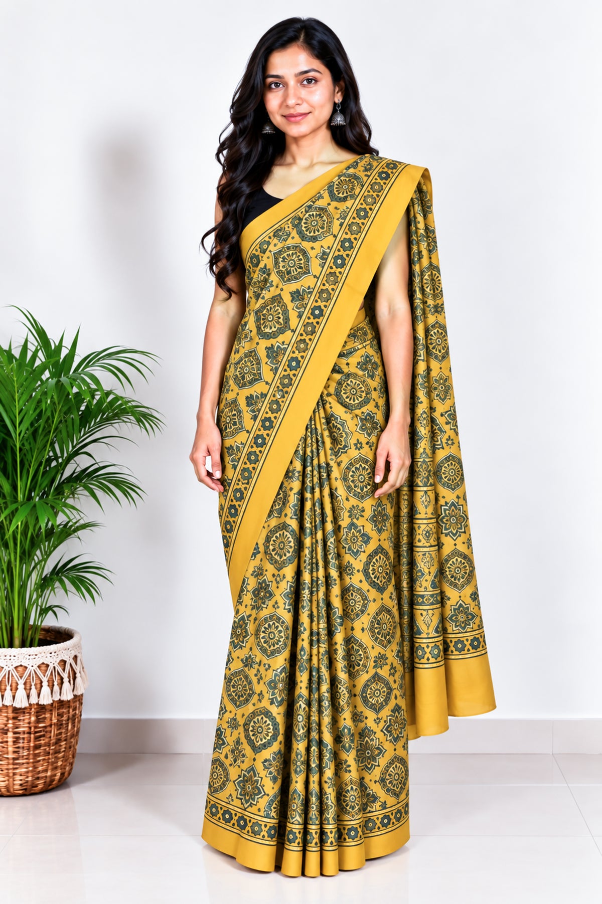 Ajrakh Modal Silk Natural Dye Hand Block Print Saree with Blouse Piece - 5.5 Mtr Length   -  SKU : AI1880AD