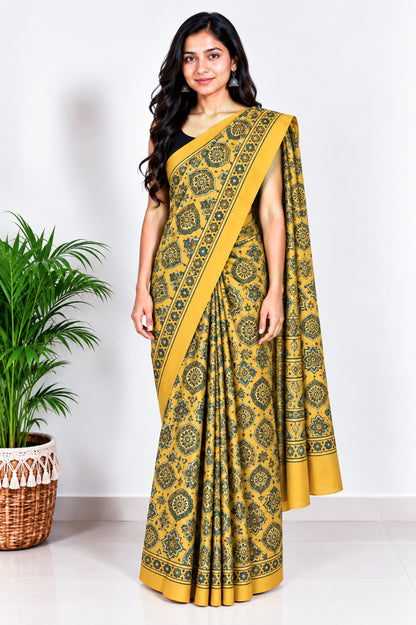 Ajrakh Modal Silk Natural Dye Hand Block Print Saree with Blouse Piece - 5.5 Mtr Length   -  SKU : AI1880AD