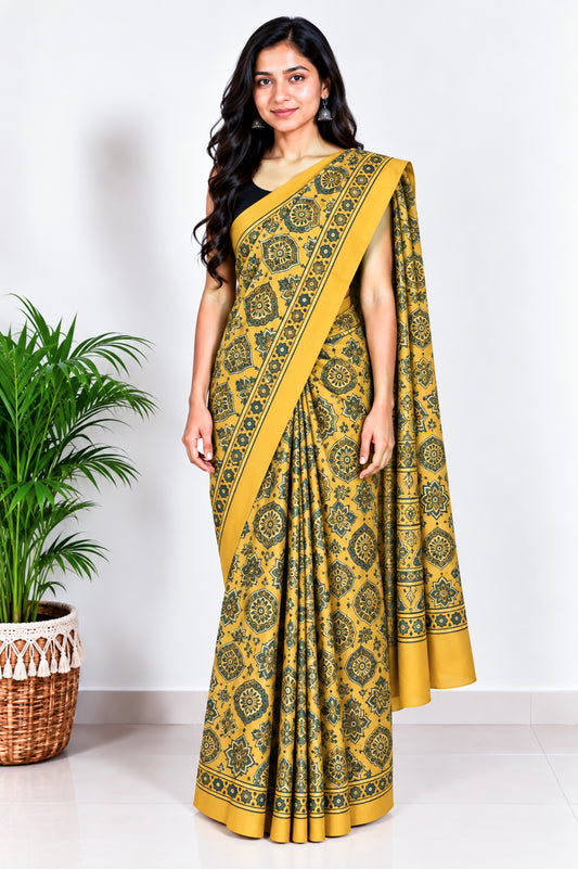 Ajrakh Modal Silk Natural Dye Hand Block Print Saree with Blouse Piece - 5.5 Mtr Length   -  SKU : AI1880AD