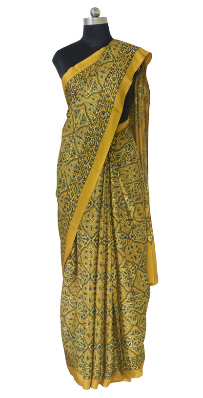 Ajrakh Modal Silk Natural Dye Hand Block Print Saree with Blouse Piece - 5.5 Mtr Length   -  SKU : AI1880AI