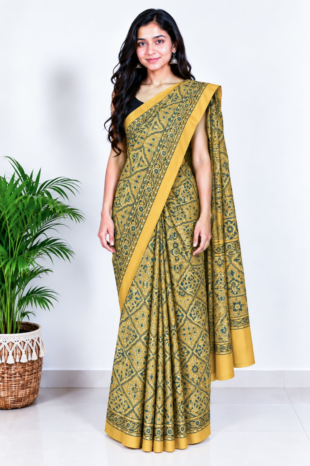 Ajrakh Modal Silk Natural Dye Hand Block Print Saree with Blouse Piece - 5.5 Mtr Length   -  SKU : AI1880AI