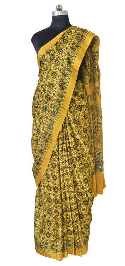 Ajrakh Modal Silk Natural Dye Hand Block Print Saree with Blouse Piece - 5.5 Mtr Length   -  SKU : AI1880AN