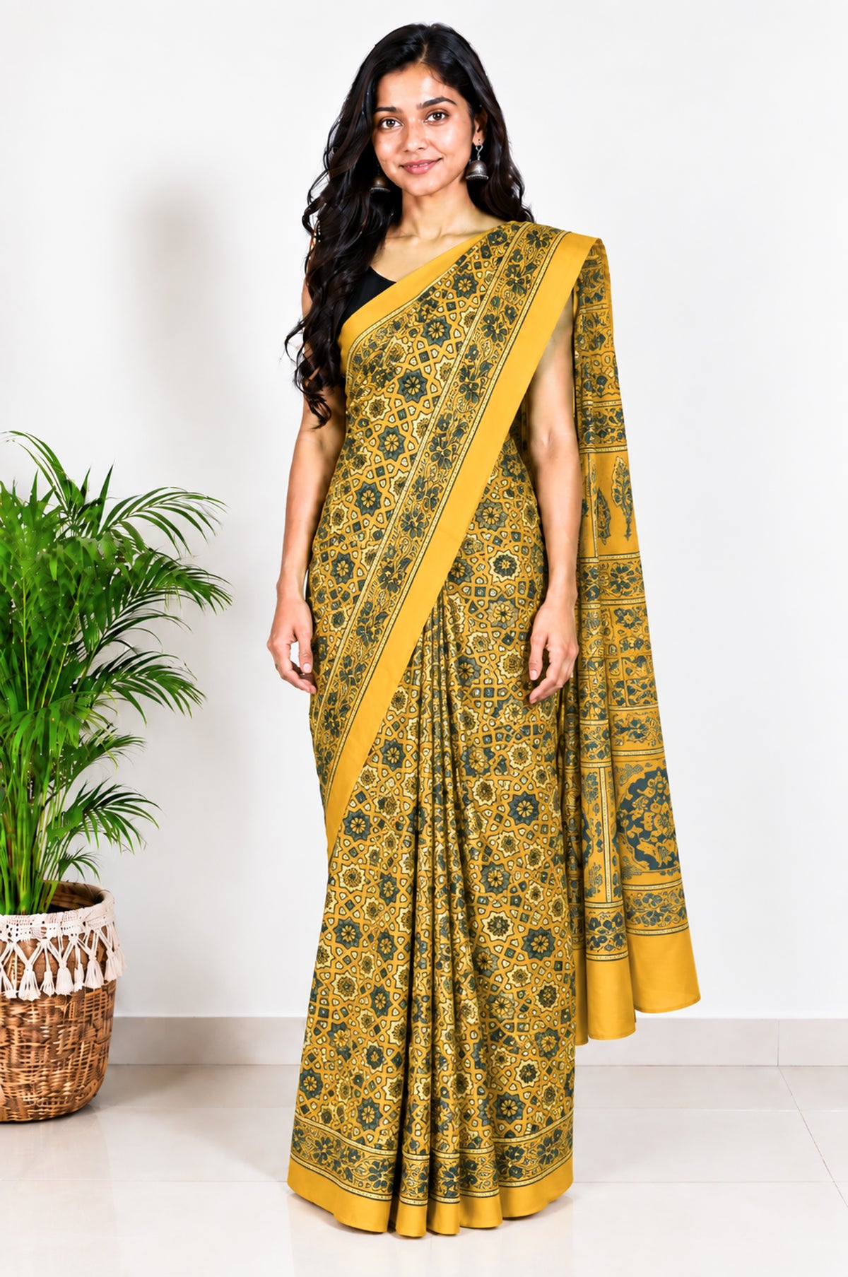Ajrakh Modal Silk Natural Dye Hand Block Print Saree with Blouse Piece - 5.5 Mtr Length   -  SKU : AI1880AN