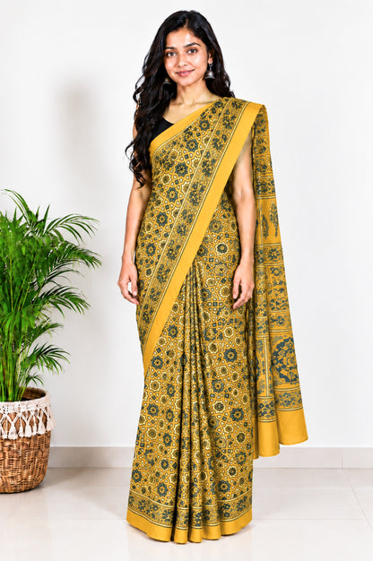 Ajrakh Modal Silk Natural Dye Hand Block Print Saree with Blouse Piece - 5.5 Mtr Length   -  SKU : AI1880AN