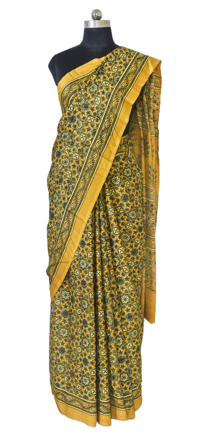 Ajrakh Modal Silk Natural Dye Hand Block Print Saree with Blouse Piece - 5.5 Mtr Length   -  SKU : AI1880AS