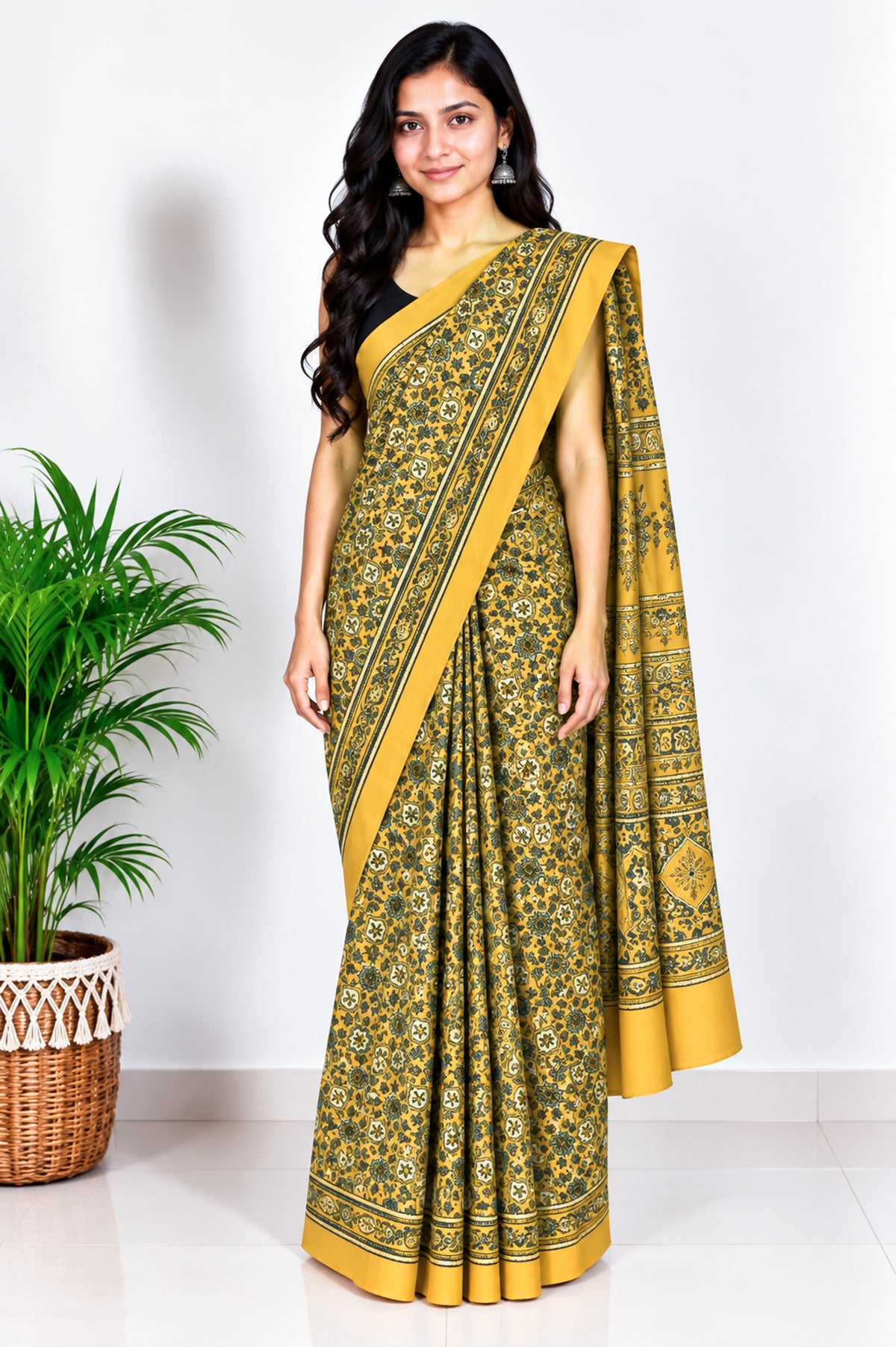 Ajrakh Modal Silk Natural Dye Hand Block Print Saree with Blouse Piece - 5.5 Mtr Length   -  SKU : AI1880AS