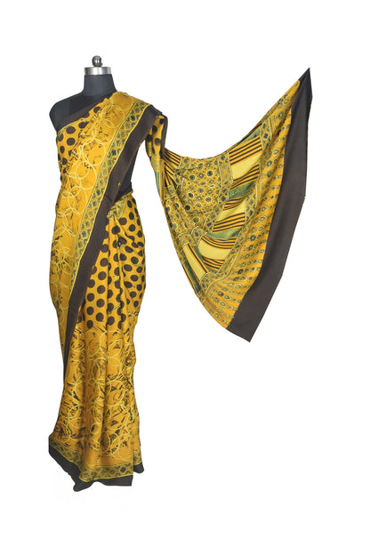 Ajrakh Modal Silk Natural Dye Hand Block Print Saree with Blouse Piece - 5.5 Mtr Length    -  SKU : AI27A01F
