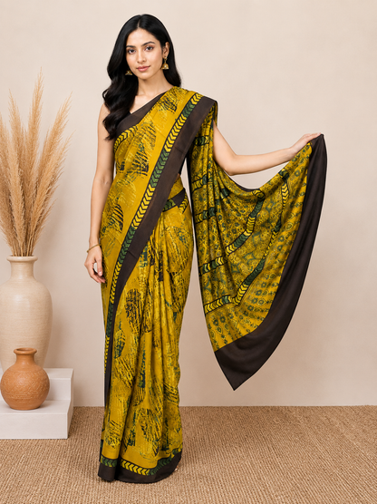 Ajrakh Modal Silk Natural Dye Hand Block Print Saree with Blouse Piece - 5.5 Mtr Length    -  SKU : AI27A01G