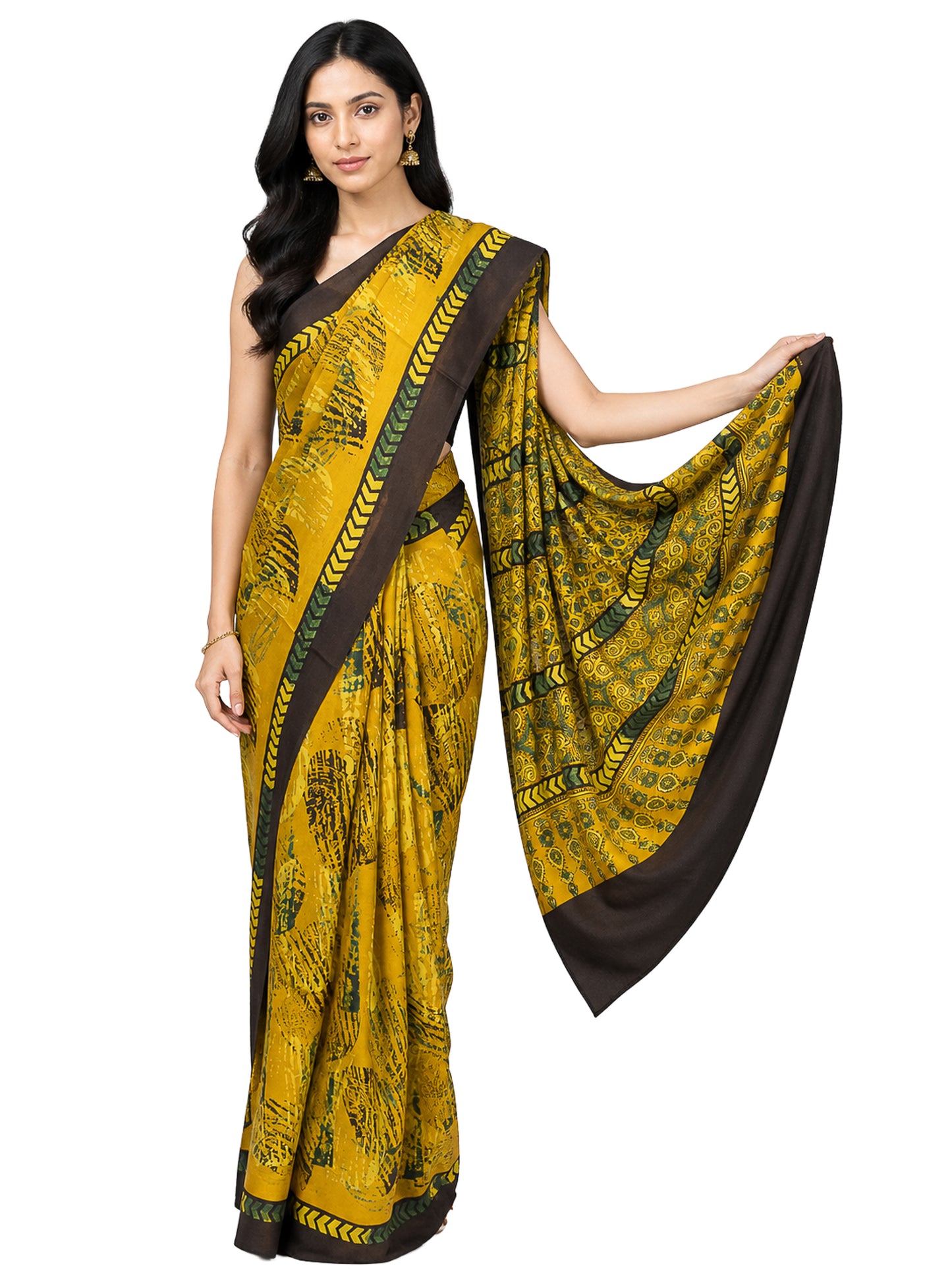 Ajrakh Modal Silk Natural Dye Hand Block Print Saree with Blouse Piece - 5.5 Mtr Length    -  SKU : AI27A01G
