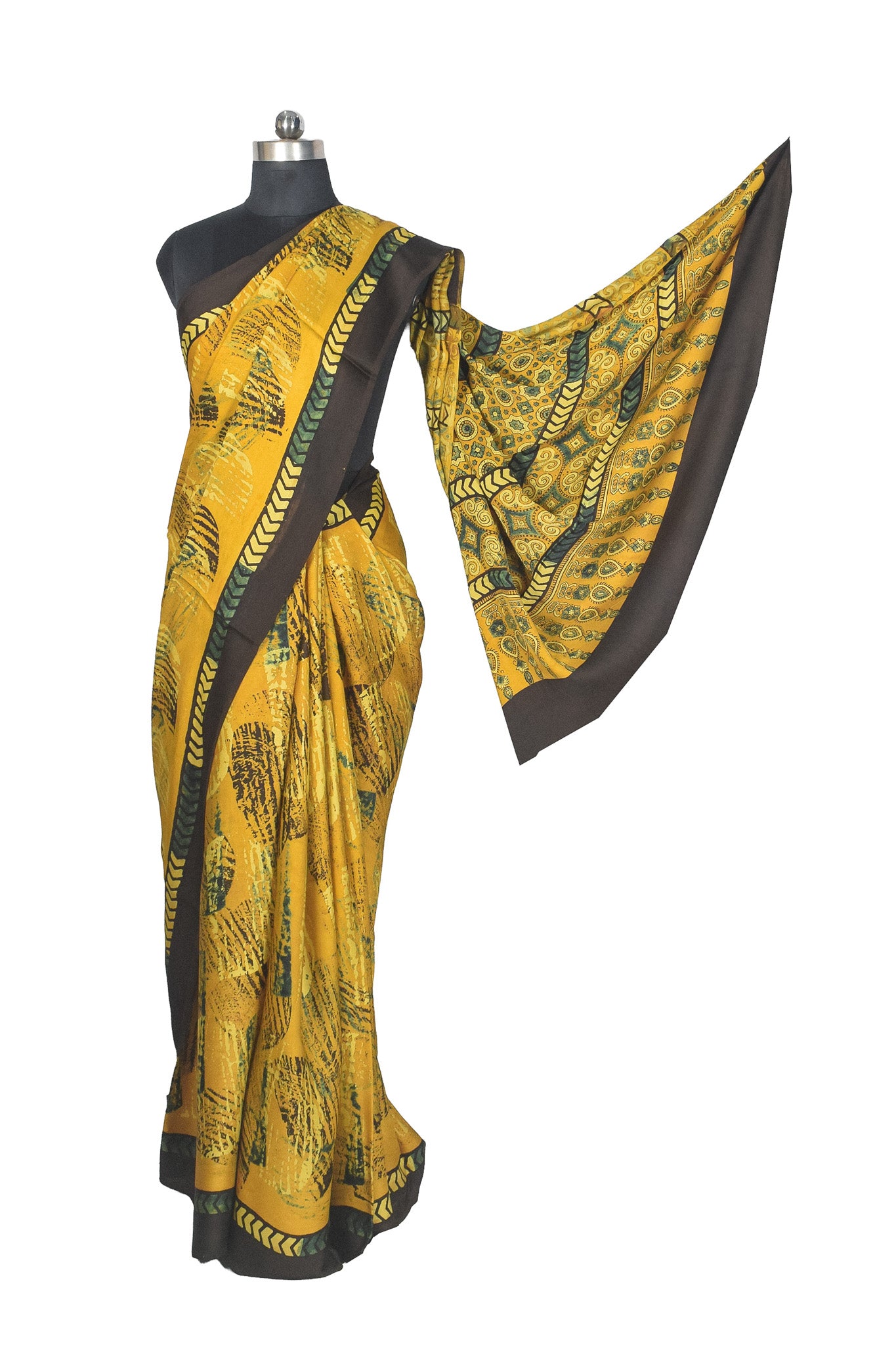 Ajrakh Modal Silk Natural Dye Hand Block Print Saree with Blouse Piece - 5.5 Mtr Length    -  SKU : AI27A01G