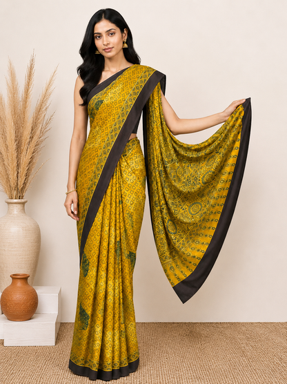 Ajrakh Modal Silk Natural Dye Hand Block Print Saree with Blouse Piece - 5.5 Mtr Length    -  SKU : AI27A01I