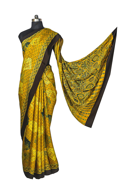 Ajrakh Modal Silk Natural Dye Hand Block Print Saree with Blouse Piece - 5.5 Mtr Length    -  SKU : AI27A01I