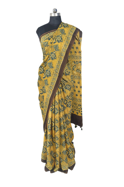 Ajrakh Modal Silk Natural Dye Hand Block Print Saree with Blouse Piece - 5.5 Mtr Length   -  SKU : MS09501C