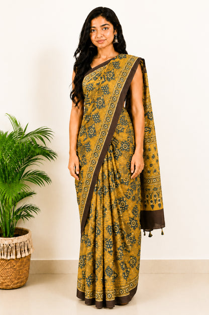 Ajrakh Modal Silk Natural Dye Hand Block Print Saree with Blouse Piece - 5.5 Mtr Length   -  SKU : MS09501C