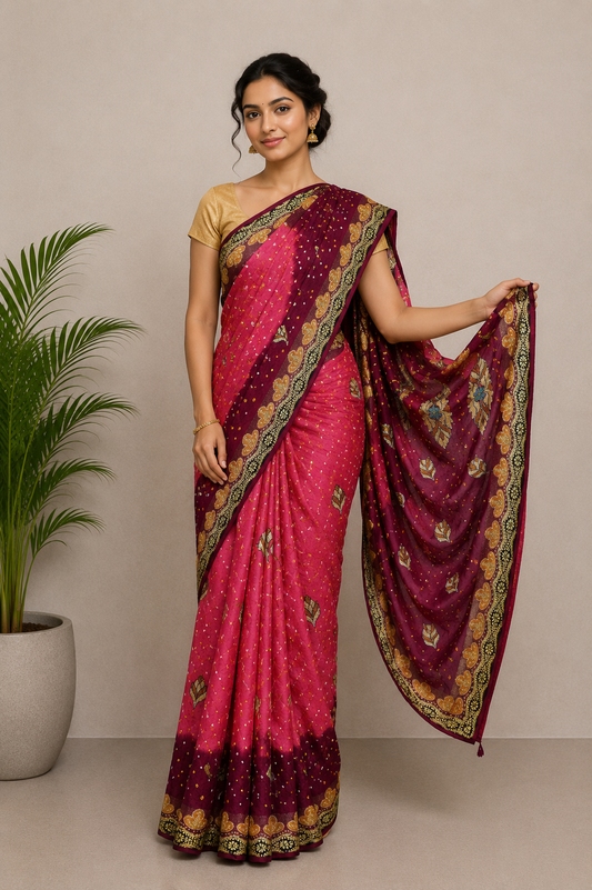 Bandhej ( Tie-Dye) Gadhwal Silk Jari Butta Saree  with Plain Blouse Piece  - 5.5 Mtr Length + 0.85 Mtr Blouse Piece  -  SKU: RA13302D