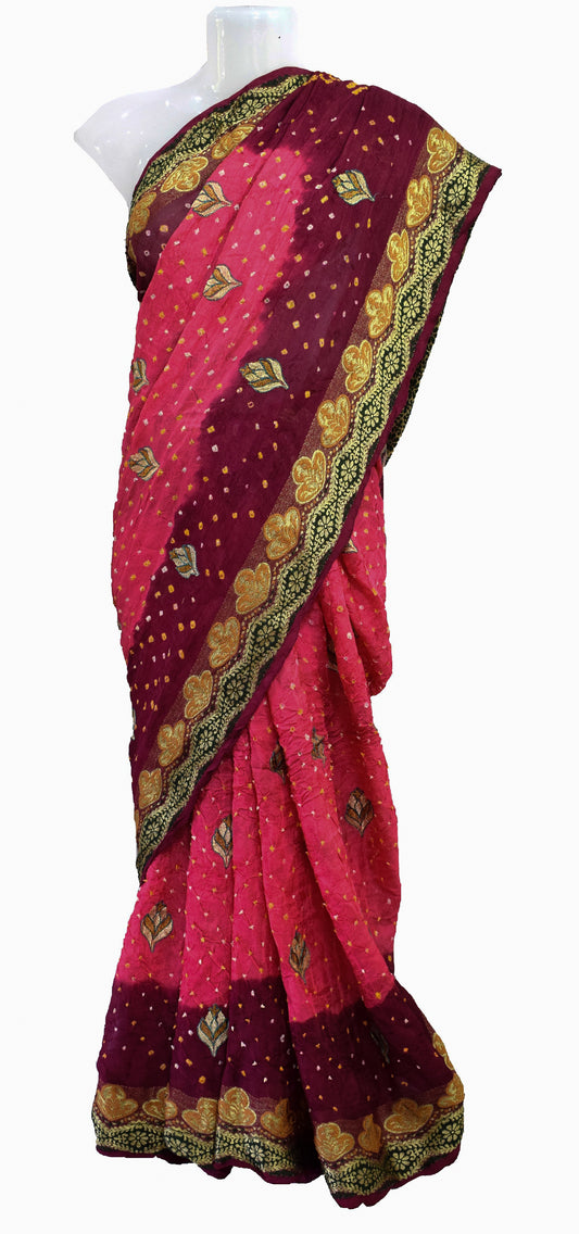 Bandhej ( Tie-Dye) Gadhwal Silk Jari Butta Saree  with Plain Blouse Piece  - 5.5 Mtr Length + 0.85 Mtr Blouse Piece  -  SKU: RA13302D