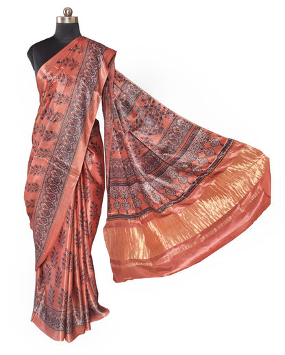 Ajrakh Modal Silk Natural Dye Hand Block Print Saree   With Golden Border  - With Blouse Piece - 6 mtrs Length    -  SKU : ID15101F