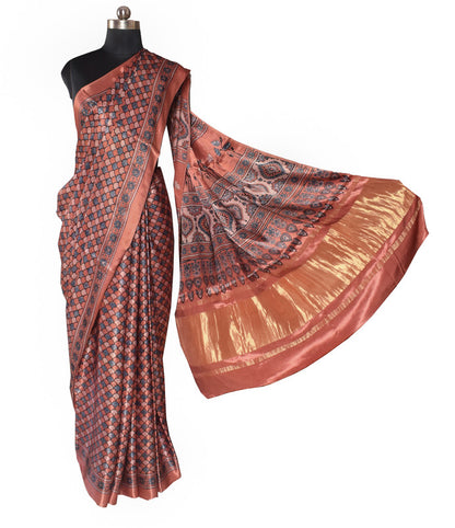 Ajrakh Modal Silk Natural Dye Hand Block Print Saree   With Golden Border  - With Blouse Piece - 6 mtrs Length    -  SKU : ID15101P