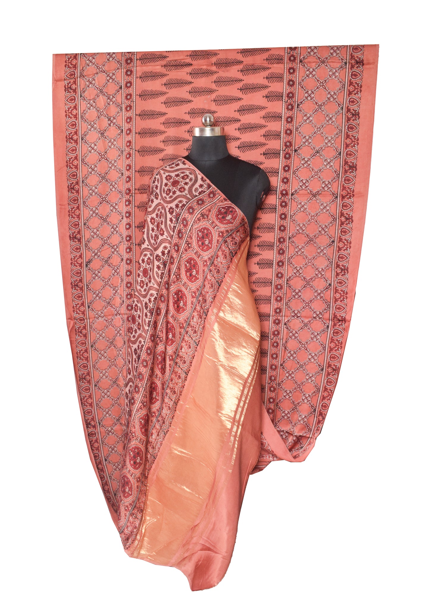 Ajrakh Modal Silk Natural Dye Hand Block Print Saree   With Golden Border  - With Blouse Piece - 6 mtrs Length    -  SKU : ID15101E
