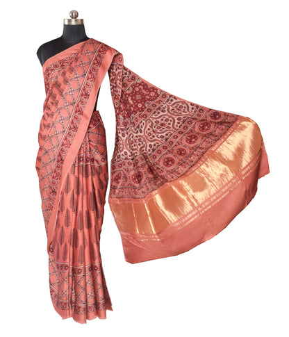 Ajrakh Modal Silk Natural Dye Hand Block Print Saree   With Golden Border  - With Blouse Piece - 6 mtrs Length    -  SKU : ID15101E