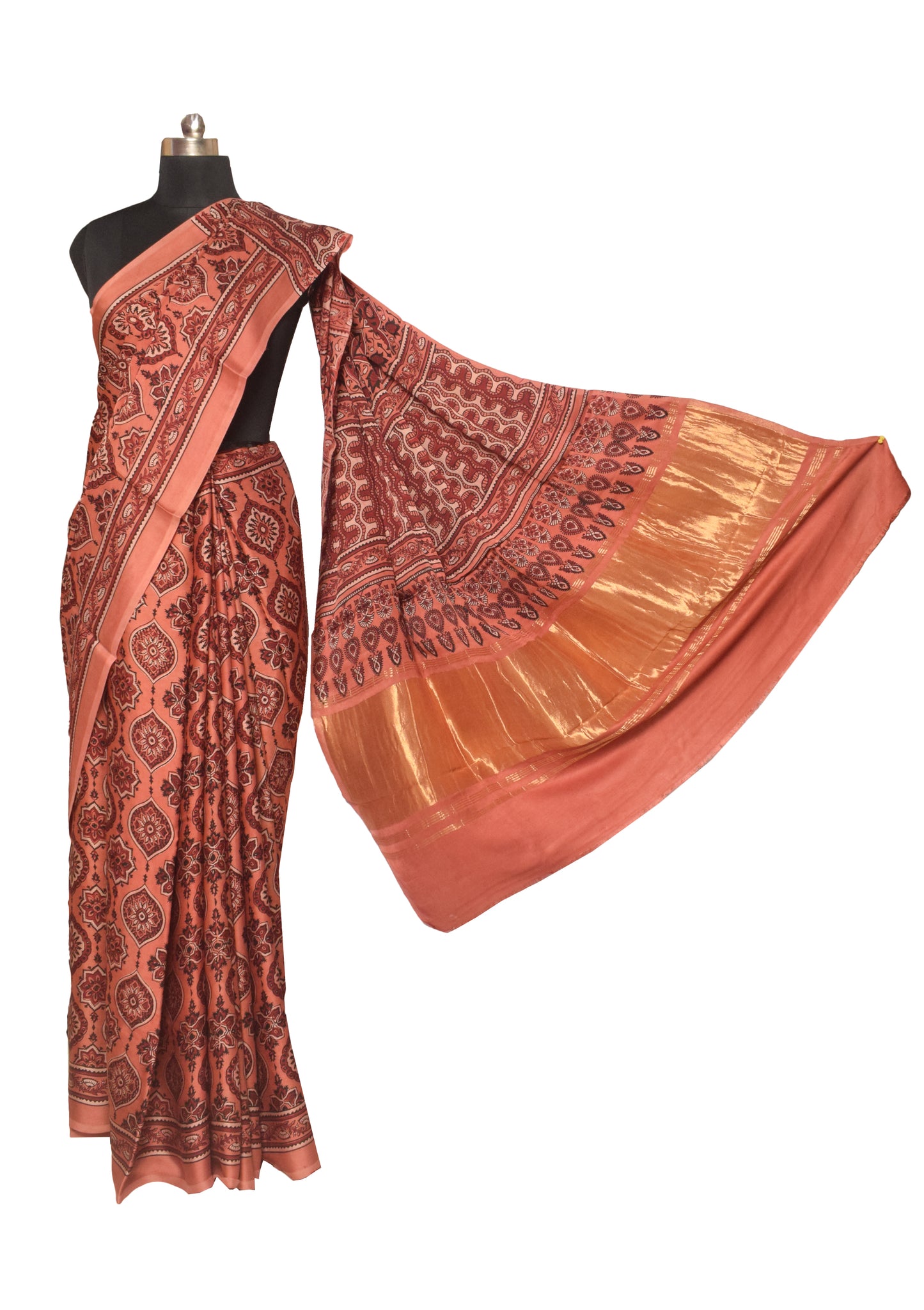 Ajrakh Modal Silk Natural Dye Hand Block Print Saree   With Golden Border  - With Blouse Piece - 6 mtrs Length    -  SKU : ID28C03O