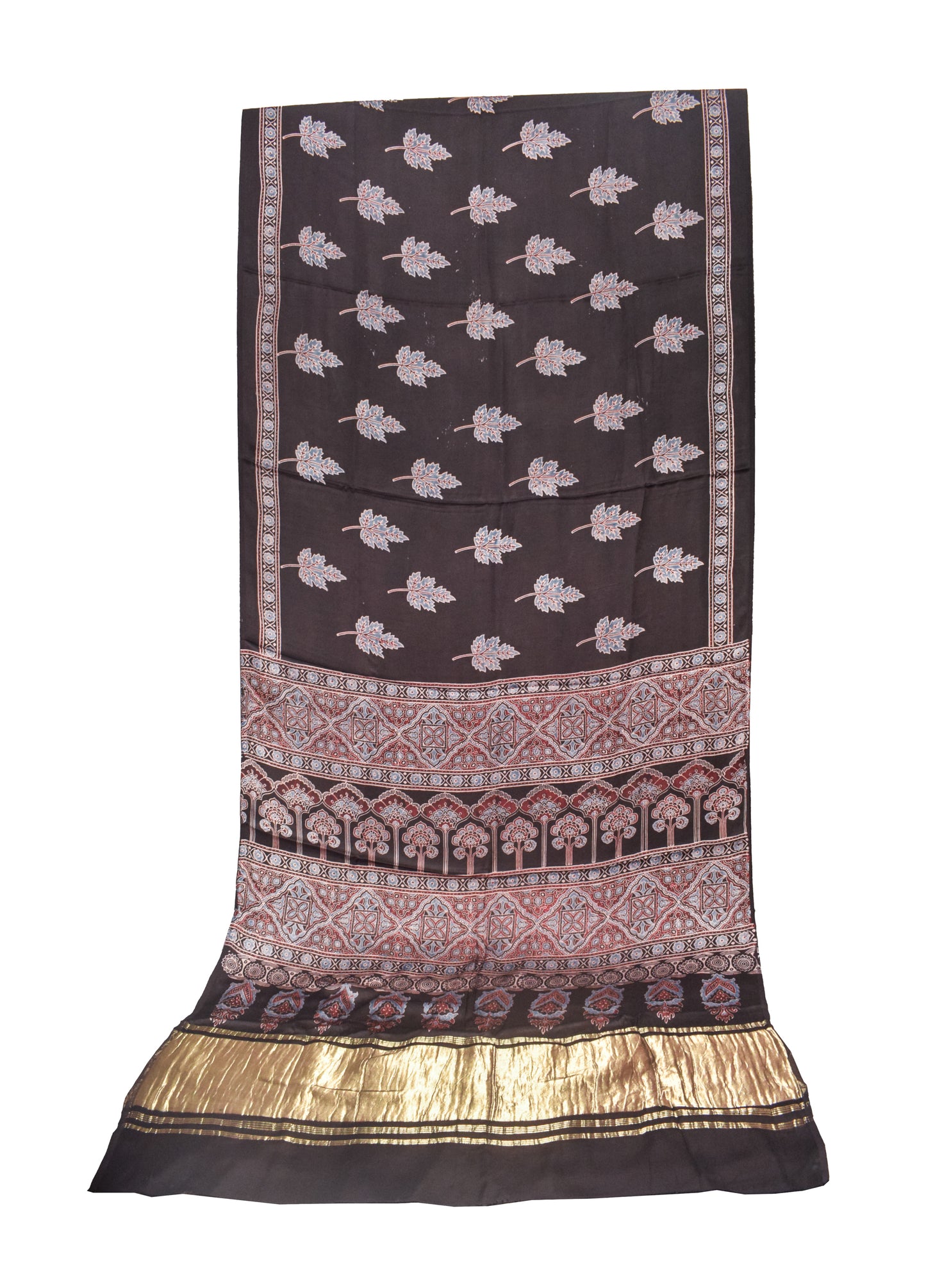 Ajrakh Modal Silk Natural Dye Hand Block Print Saree   With Golden Border  - With Blouse Piece - 6 mtrs Length    -  SKU : ID15101K