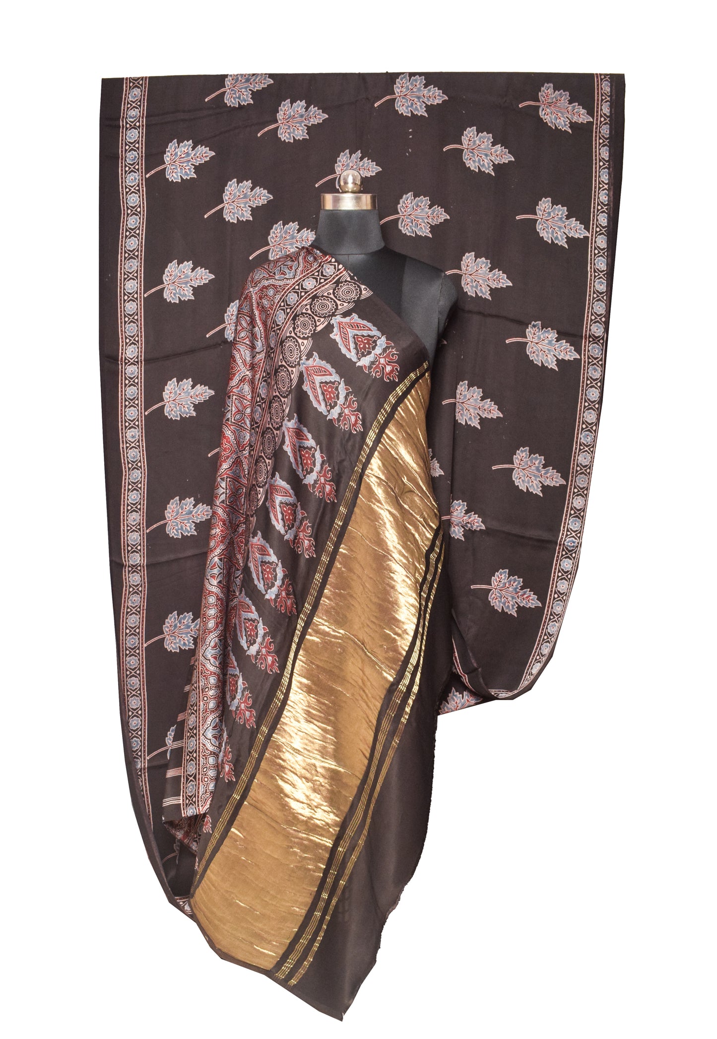 Ajrakh Modal Silk Natural Dye Hand Block Print Saree   With Golden Border  - With Blouse Piece - 6 mtrs Length    -  SKU : ID15101K