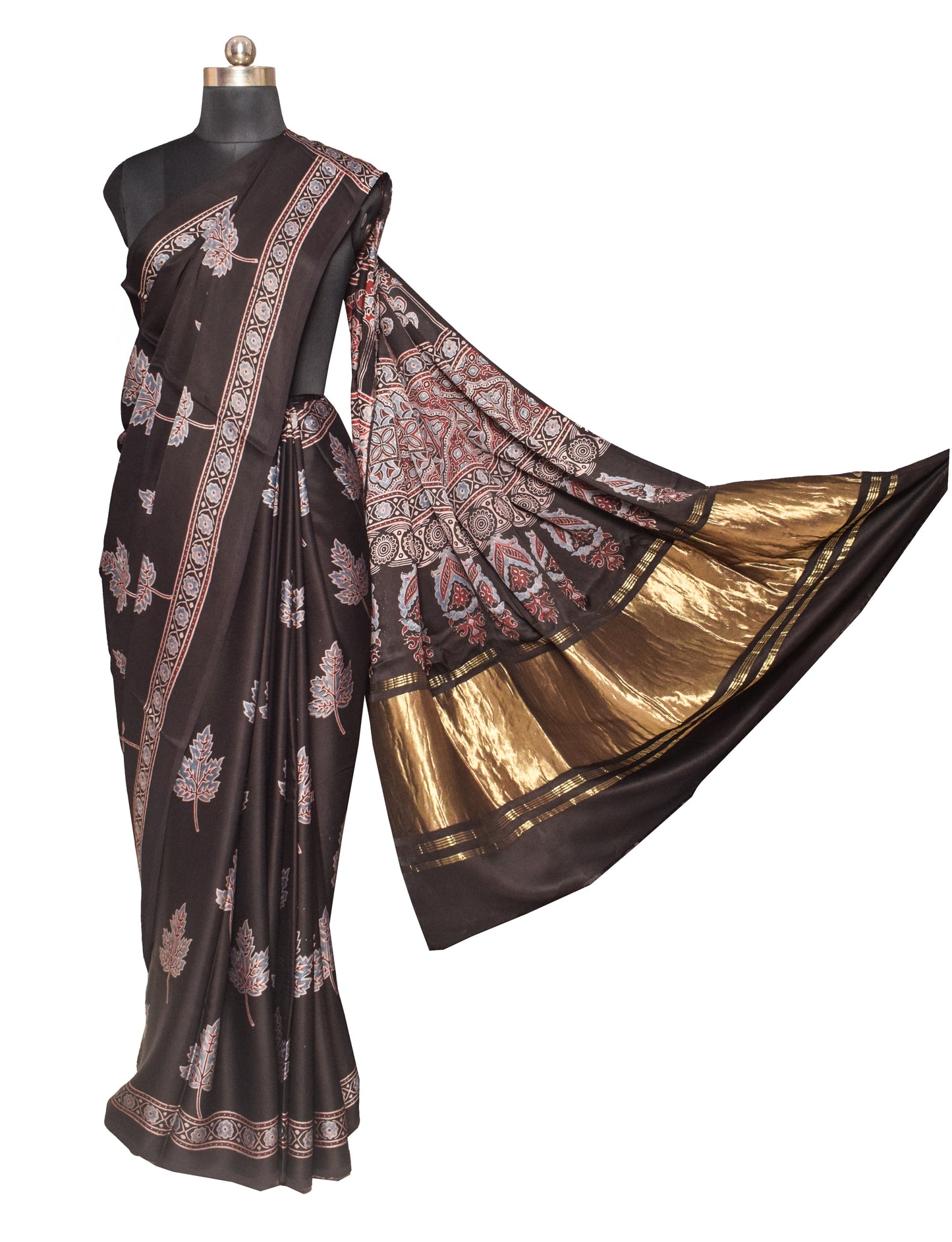 Ajrakh Modal Silk Natural Dye Hand Block Print Saree   With Golden Border  - With Blouse Piece - 6 mtrs Length    -  SKU : ID15101K