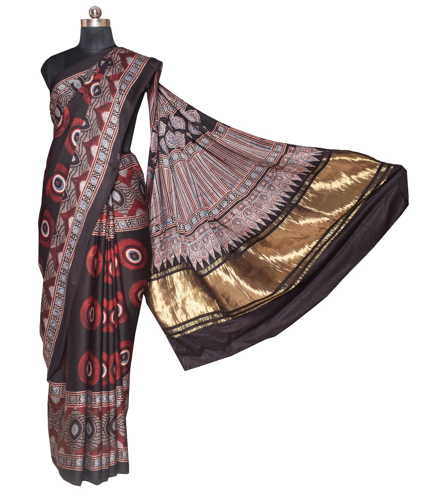 Ajrakh Modal Silk Natural Dye Hand Block Print Saree   With Golden Border  - With Blouse Piece - 6 mtrs Length    -  SKU : ID15101X